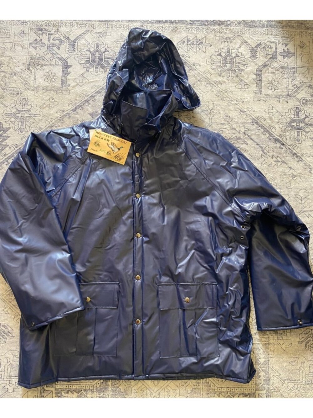 XXL Vintage Duck Bay Heavy PVC Hooded Raincoat Navy Fishing Hunting Coat Jacket